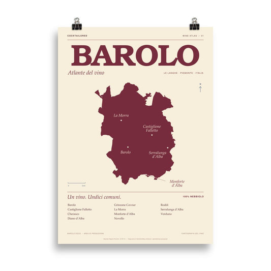 Barolo-DOCG-Weinkarten-Poster in Bordeauxrot und Creme mit italienischer Typografie und Ortsnamen, 50 × 70 cm