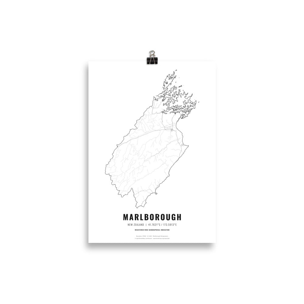Black-and-white map poster of the Marlborough wine region in New Zealand, 21 × 30 cm – Cocktailored