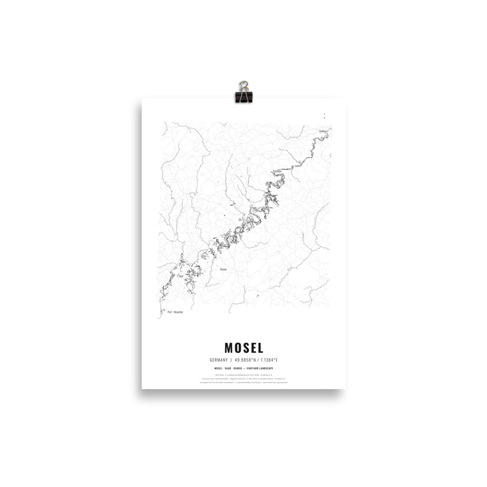 Black-and-white map poster of the Mosel wine region in Germany, 21 × 30 cm – Cocktailored