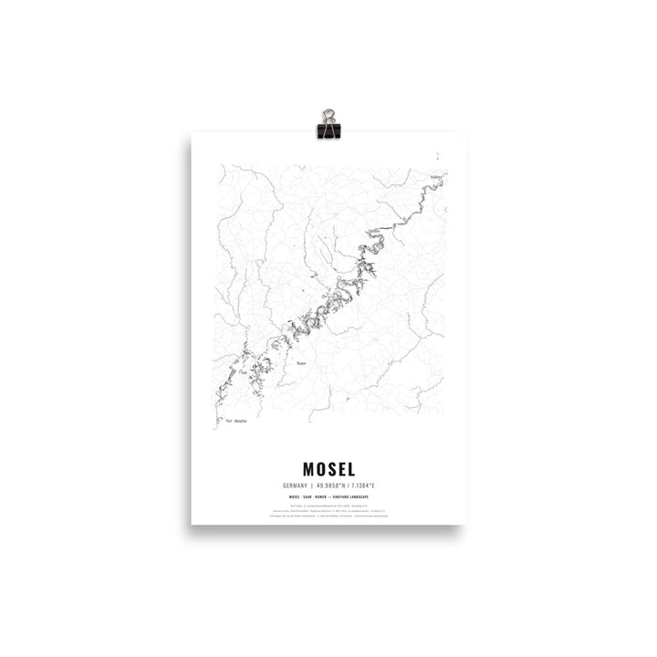 Black-and-white map poster of the Mosel wine region in Germany, 21 × 30 cm – Cocktailored
