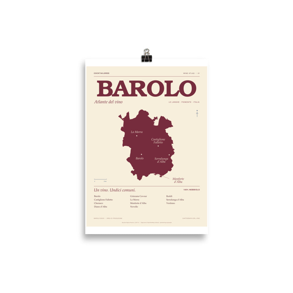 Barolo-DOCG-Weinkarten-Poster in Bordeauxrot und Creme mit italienischer Typografie und Ortsnamen, 21 × 30 cm