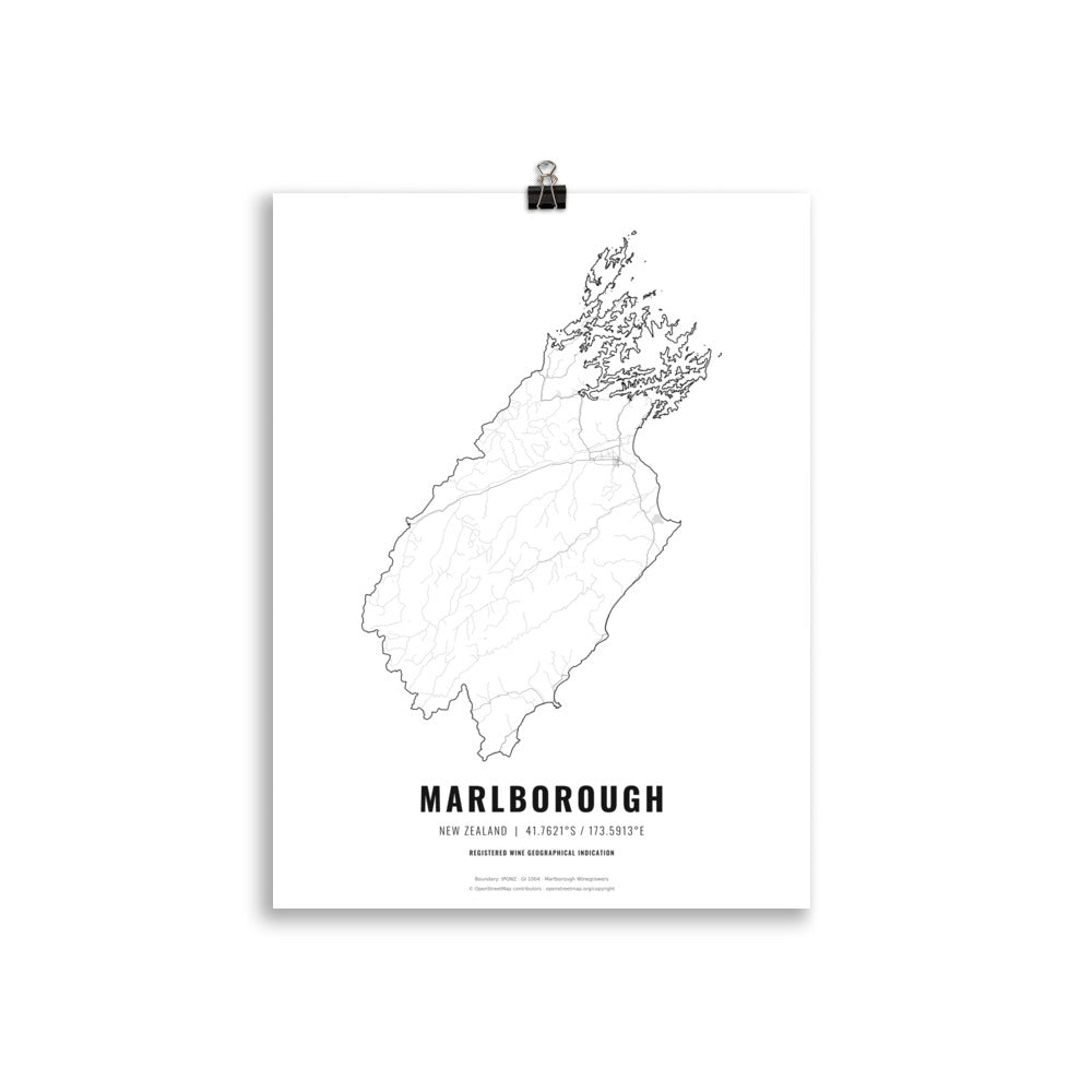 Black-and-white map poster of the Marlborough wine region in New Zealand, 30 × 40 cm – Cocktailored