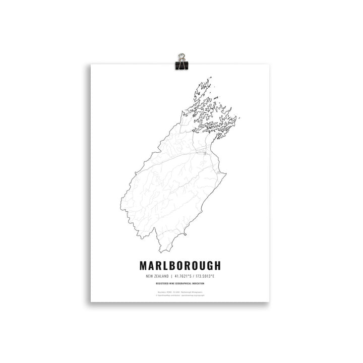 Black-and-white map poster of the Marlborough wine region in New Zealand, 30 × 40 cm – Cocktailored