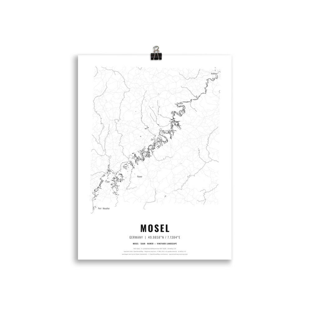 Black-and-white map poster of the Mosel wine region in Germany, 30 × 40 cm – Cocktailored
