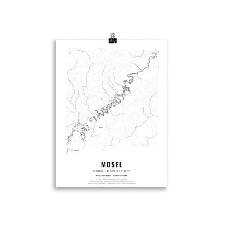 Black-and-white map poster of the Mosel wine region in Germany, 30 × 40 cm – Cocktailored