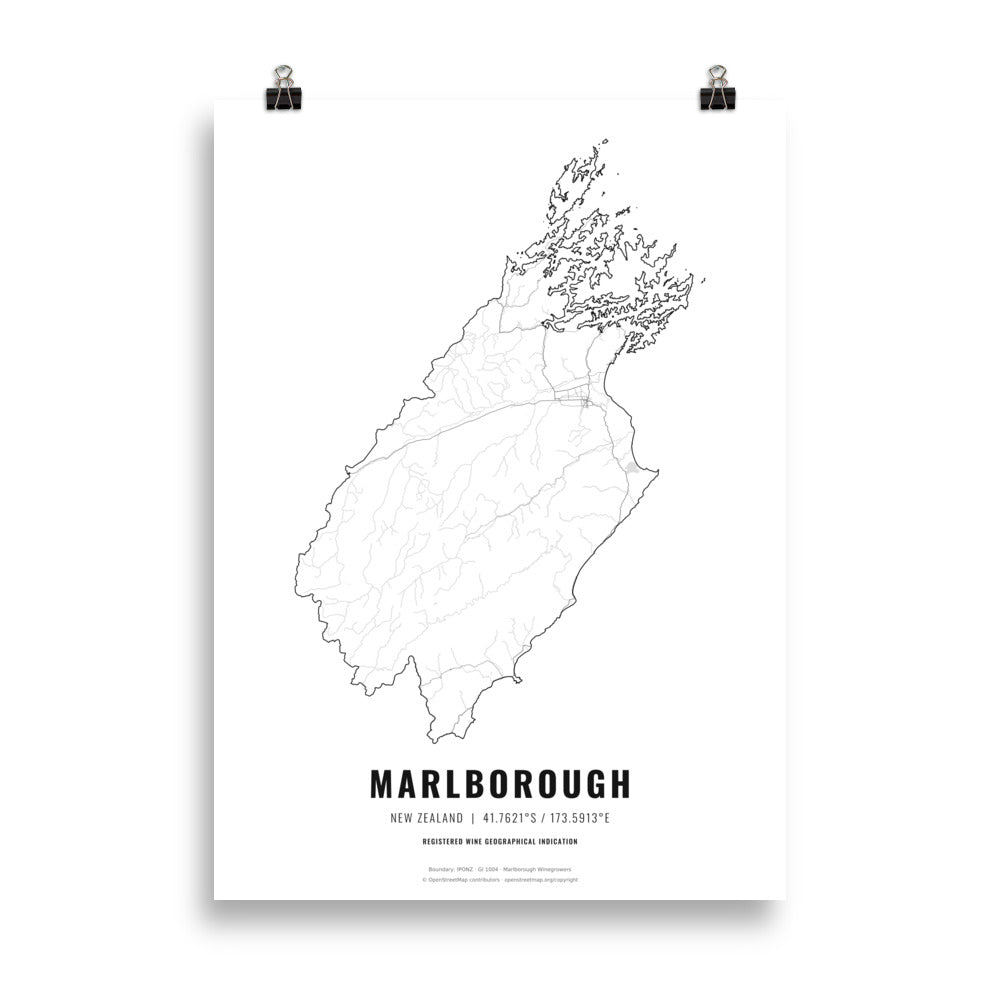 Black-and-white map poster of the Marlborough wine region in New Zealand, 50 × 70 cm – Cocktailored