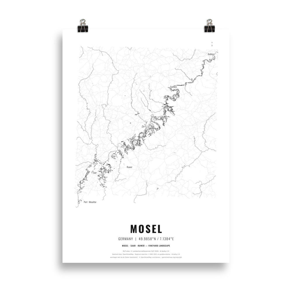 Black-and-white map poster of the Mosel wine region in Germany, 50 × 70 cm – Cocktailored