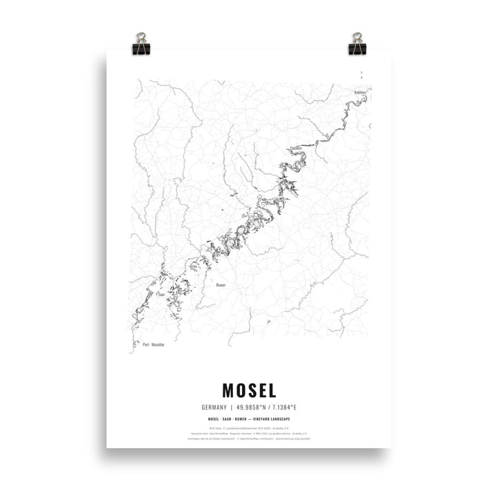 Black-and-white map poster of the Mosel wine region in Germany, 50 × 70 cm – Cocktailored